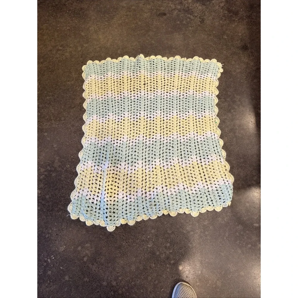 Handmade Mint green yellow white baby afghan 34.5‎ inches x 36 inches